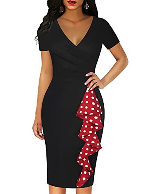 oxiuly Womens Cross V Neck Slim Ruffle Hem Cocktail Party Sheath Pencil Dress OX300