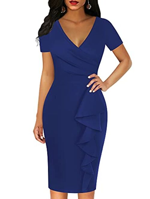 oxiuly Womens Cross V Neck Slim Ruffle Hem Cocktail Party Sheath Pencil Dress OX300