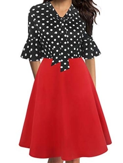 oxiuly Women's Vintage Bow Tie V-Neck Flare Sleeve Midi Casual A-Line Dress OX305