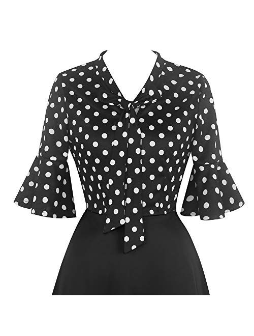 oxiuly Women's Vintage Bow Tie V-Neck Flare Sleeve Midi Casual A-Line Dress OX305