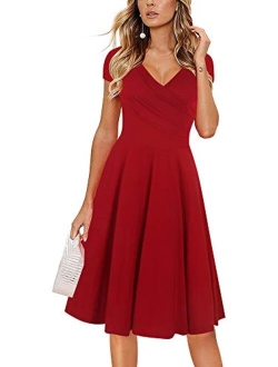 oxiuly Women's Elegant Chic V-Neck Cotton Blend Stretchy Casual A-Line Midi Dress with Pockets OX288