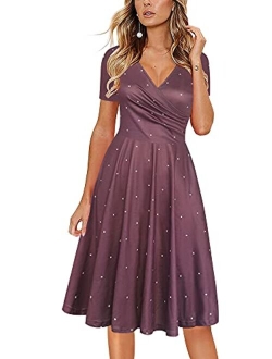 oxiuly Women's Elegant Chic V-Neck Cotton Blend Stretchy Casual A-Line Midi Dress with Pockets OX288