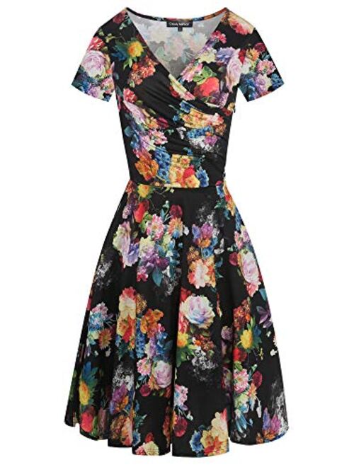 oxiuly Women's Elegant Chic V-Neck Cotton Blend Stretchy Casual A-Line Midi Dress with Pockets OX288