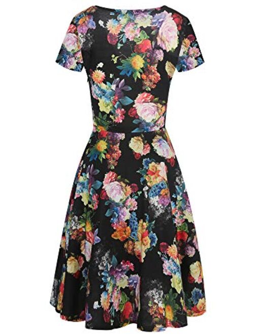 oxiuly Women's Elegant Chic V-Neck Cotton Blend Stretchy Casual A-Line Midi Dress with Pockets OX288