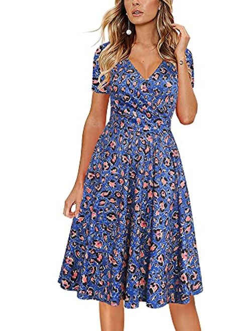 oxiuly Women's Elegant Chic V-Neck Cotton Blend Stretchy Casual A-Line Midi Dress with Pockets OX288