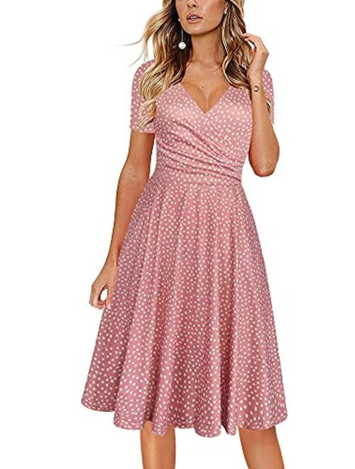 oxiuly Women's Elegant Chic V-Neck Cotton Blend Stretchy Casual A-Line Midi Dress with Pockets OX288