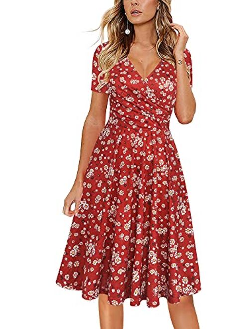 oxiuly Women's Elegant Chic V-Neck Cotton Blend Stretchy Casual A-Line Midi Dress with Pockets OX288