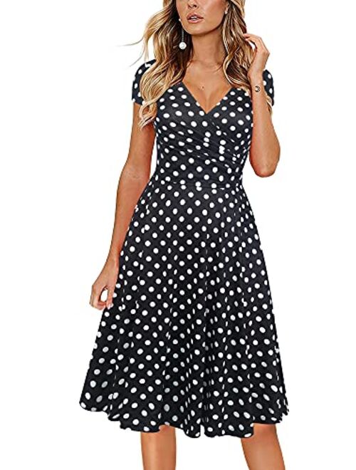 oxiuly Women's Elegant Chic V-Neck Cotton Blend Stretchy Casual A-Line Midi Dress with Pockets OX288