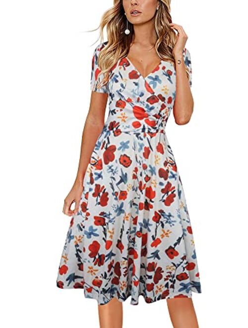 oxiuly Women's Elegant Chic V-Neck Cotton Blend Stretchy Casual A-Line Midi Dress with Pockets OX288