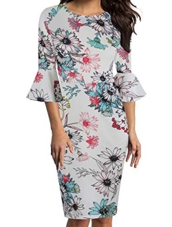 oxiuly Women's Casual Scoop Neck Floral Flare Sleeve Midi Work Sheath Dress OX292