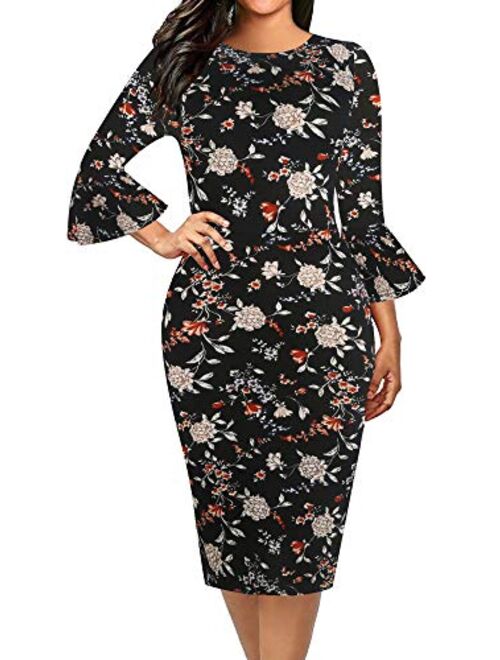 oxiuly Women's Casual Scoop Neck Floral Flare Sleeve Midi Work Sheath Dress OX292