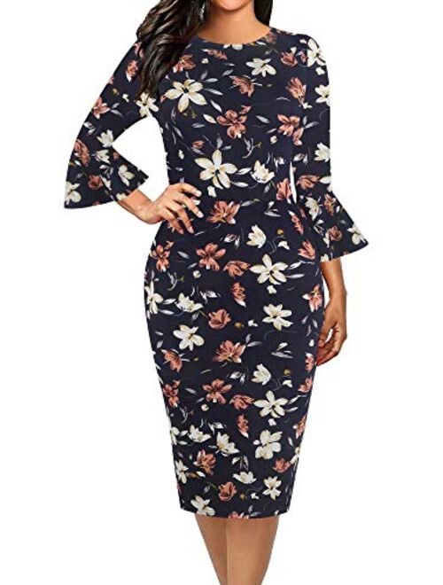 oxiuly Women's Casual Scoop Neck Floral Flare Sleeve Midi Work Sheath Dress OX292