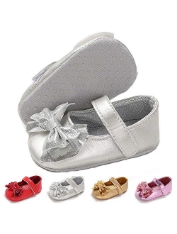 LAFEGEN Baby Girls Mary Jane Flats with Bownot Non Slip Soft Sole PU Leather Newborn Infant Toddler First Walker Cirb Dress Shoes