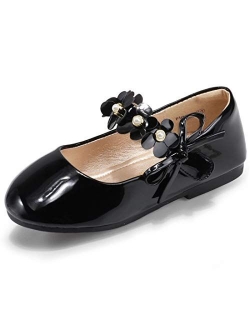 PANDANINJIA Girls Toddler/Little Kid Flora Dress Flats Shoes Pearls Bow Flower Girl Ballet Flat Mary Jane