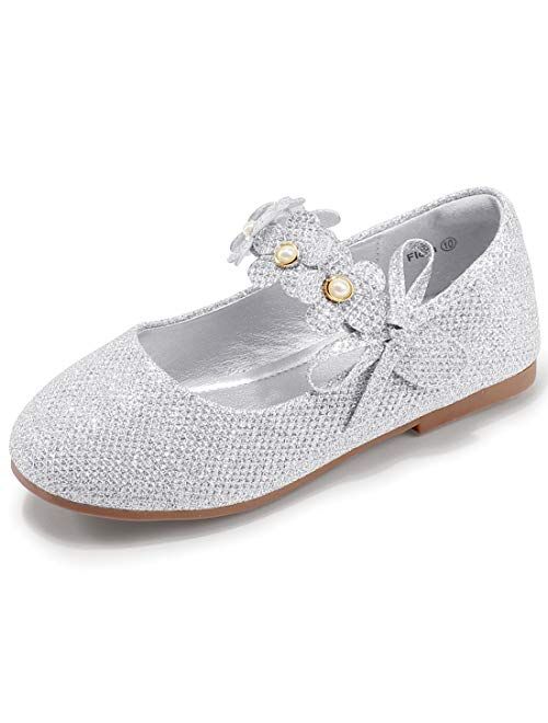 PANDANINJIA Girls Toddler/Little Kid Flora Dress Flats Shoes Pearls Bow Flower Girl Ballet Flat Mary Jane