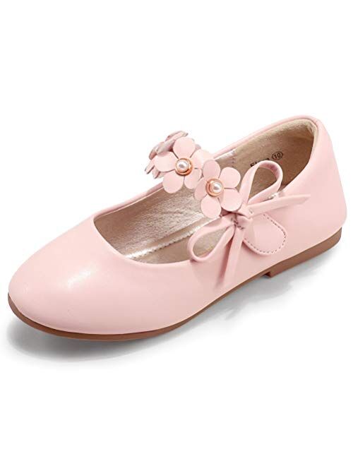 PANDANINJIA Girls Toddler/Little Kid Flora Dress Flats Shoes Pearls Bow Flower Girl Ballet Flat Mary Jane