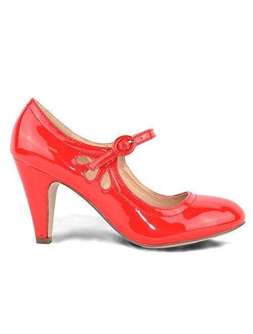 Chase & Chloe Kimmy-21 Women's Round Toe Pierced Mid Heel Mary Jane Style Dress Pumps