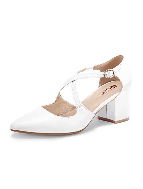 IDIFU Women's Lynn Dress Low Heeled Pumps Closed Pointed Toe Block Chunky Heel Cross Strap Wedding Bridal Party Office Shoes