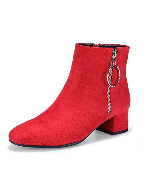 IDIFU Women's Ring Zipper Ankle Boots 1.8 Inch Low Block Heels Round Toe Dress Jeans Booties