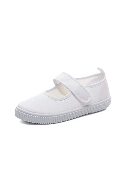 Je-Gou Boy's Girl's White Canvas Mary Jane Flats Fashion Sneakers(Toddler/Little Kid)