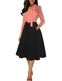 oxiuly Women's Chic Bow Tie V Neck Pockets Work Midi Dress Elegant A-Line Cocktail Party Dresses OX378