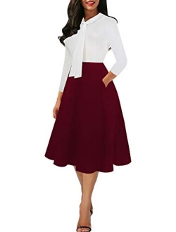 oxiuly Women's Chic Bow Tie V Neck Pockets Work Midi Dress Elegant A-Line Cocktail Party Dresses OX378