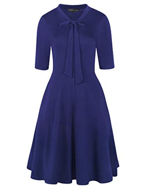 oxiuly Women's Chic Bow Tie V Neck Pockets Work Midi Dress Elegant A-Line Cocktail Party Dresses OX378