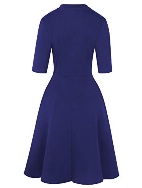 oxiuly Women's Chic Bow Tie V Neck Pockets Work Midi Dress Elegant A-Line Cocktail Party Dresses OX378