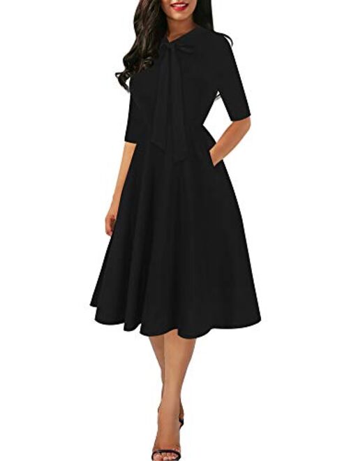 oxiuly Women's Chic Bow Tie V Neck Pockets Work Midi Dress Elegant A-Line Cocktail Party Dresses OX378