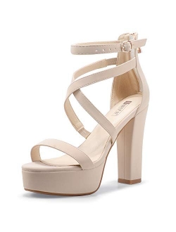 Women's Platform Chunky High Heels Dress Sandals Open Toe Ankle Strap Strappy Wedding Bridal Party Dance Shoes for Women Bride