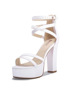 Women's Platform Chunky High Heels Dress Sandals Open Toe Ankle Strap Strappy Wedding Bridal Party Dance Shoes for Women Bride