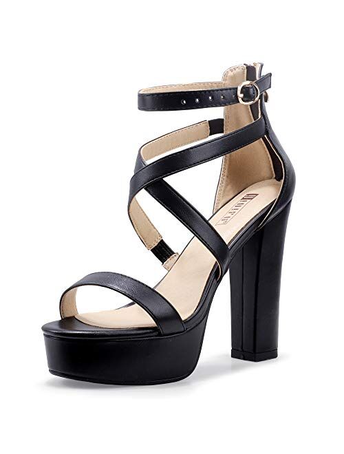 IDIFU Women's Platform Chunky High Heels Dress Sandals Open Toe Ankle Strap Strappy Wedding Bridal Party Dance Shoes for Women Bride