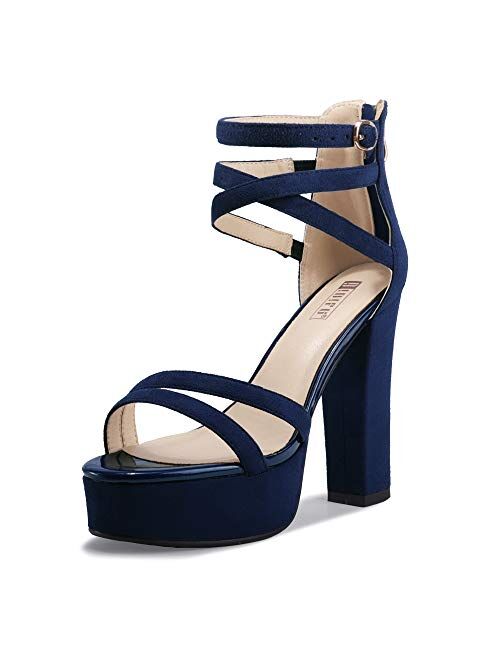 IDIFU Women's Platform Chunky High Heels Dress Sandals Open Toe Ankle Strap Strappy Wedding Bridal Party Dance Shoes for Women Bride