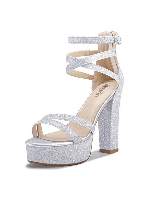 IDIFU Women's Platform Chunky High Heels Dress Sandals Open Toe Ankle Strap Strappy Wedding Bridal Party Dance Shoes for Women Bride