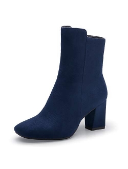 Women's Ada Fashion Square Toe Short Gogo Ankle Boots Low Block Heel Side Zipper Booties - Half Size Larger