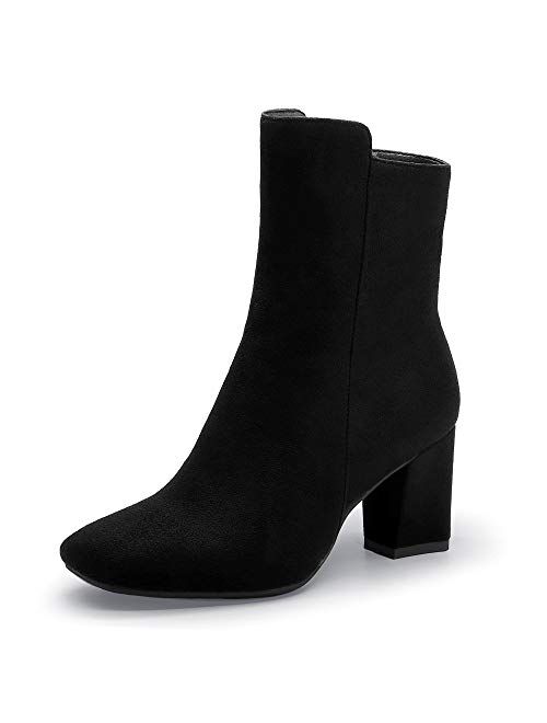 IDIFU Women's Ada Fashion Square Toe Short Gogo Ankle Boots Low Block Heel Side Zipper Booties - Half Size Larger