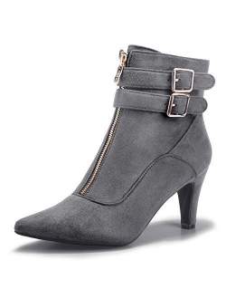 Women's Buckle Strap Ankle Booties 3 Inch Pointed Toe Zipper Heels Dress Jeans Boots