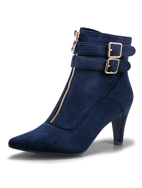 IDIFU Women's Buckle Strap Ankle Booties 3 Inch Pointed Toe Zipper Heels Dress Jeans Boots