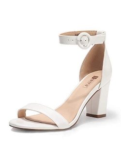 Women's IN3 Amy Block Heels Sandals Comfy Ankle Strap Open Toe Chunky Wedding Dress Shoes with Round Buckle