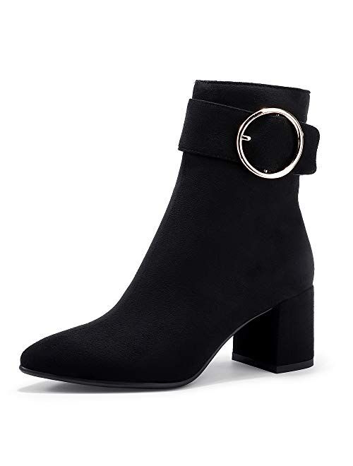 IDIFU Women's Lori Pointed Toe Chunky High Heel Ankle Booties Metal Ring Zipper Short Boots