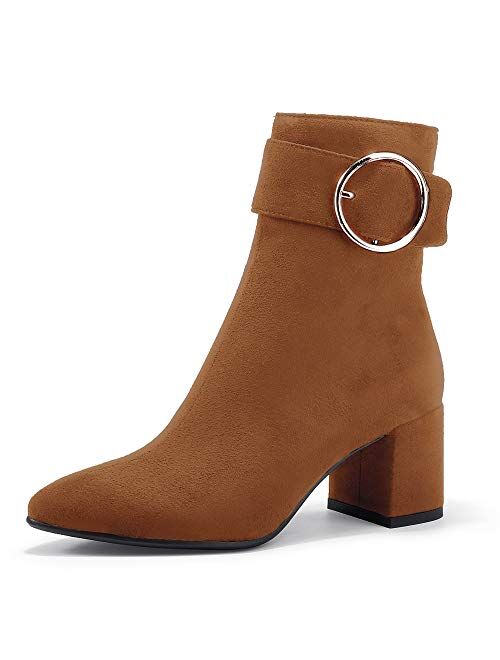 IDIFU Women's Lori Pointed Toe Chunky High Heel Ankle Booties Metal Ring Zipper Short Boots