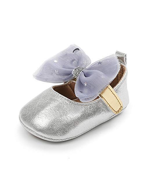 XYLUIGI Baby Girls Mary Jane Flats Bowknot Anti-Slip Rubber Sole Toddler First Walkers Princess Dress Shoes