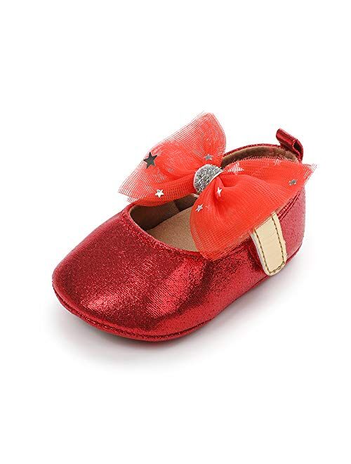 XYLUIGI Baby Girls Mary Jane Flats Bowknot Anti-Slip Rubber Sole Toddler First Walkers Princess Dress Shoes