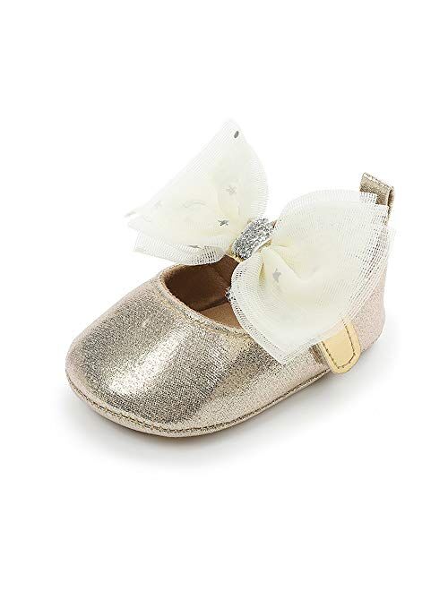 XYLUIGI Baby Girls Mary Jane Flats Bowknot Anti-Slip Rubber Sole Toddler First Walkers Princess Dress Shoes