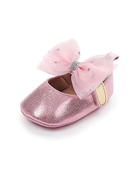 XYLUIGI Baby Girls Mary Jane Flats Bowknot Anti-Slip Rubber Sole Toddler First Walkers Princess Dress Shoes