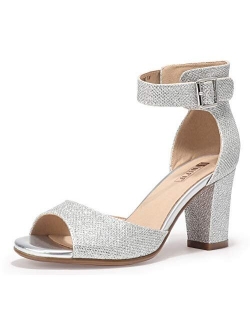 Women's Candie-MI Peep Toe Low Block Heels Sandals Ankle Strap Comfy Chunky Wedding Dress Shoes