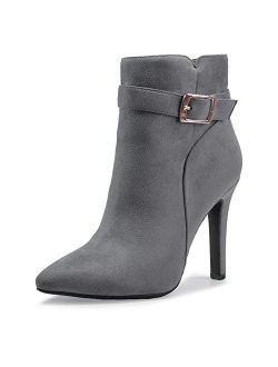 Women's Dana Pointed Toe Stiletto High Heels Ankle Booties Side Zipper Short Boots with Metal Buckle