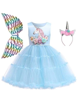 Girls Unicorn Costume Flower Pageant Princess Dresses & 2PCS Accessories