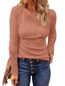 LOLONG Womens V Neck T-Shirt Long Sleeve Lace Buttons Blouse Ribbed Henley Shirts Tops