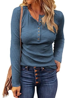 LOLONG Womens V Neck T-Shirt Long Sleeve Lace Buttons Blouse Ribbed Henley Shirts Tops